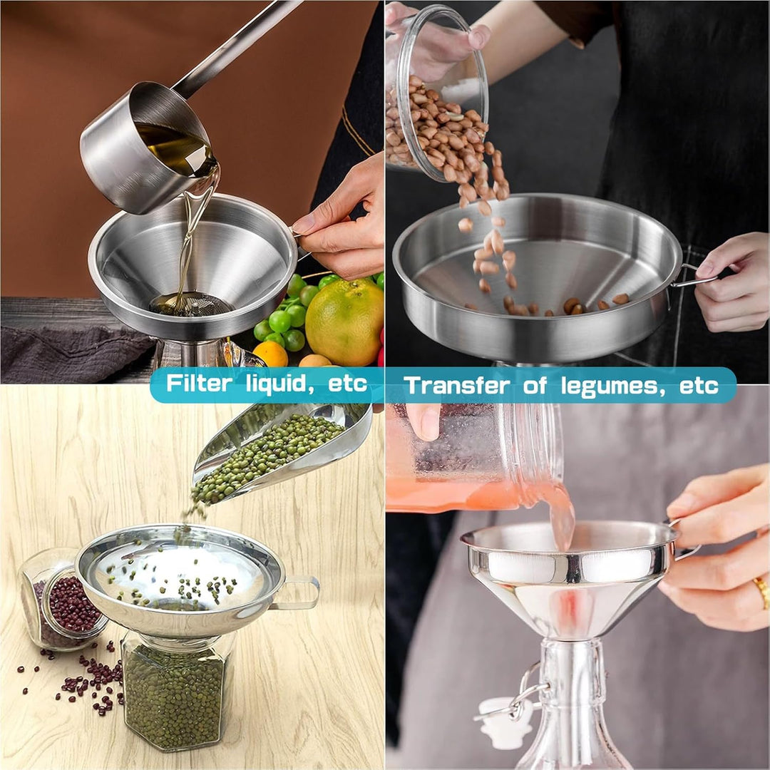 Gucass 9 Stk Edelstahl Trichter Set, Küche Trichter mit Griff, Marmeladentrichter mit Sieb, 200 Mesh