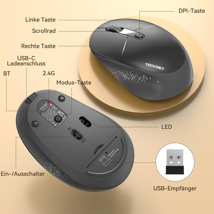TECKNET Bluetooth Kabellose Maus Silent Tri-Mode 2.4G Wiederaufladbar | 3 einstellbare DPI, ergonomi
