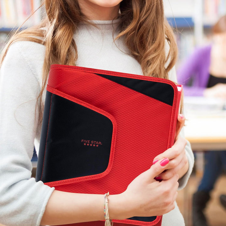 Five Star Reissverschluss-Binder, 3,8 cm 3-Ringbuch für Schule, 3 Fächer, 500 Blatt Kapazität, Rot (