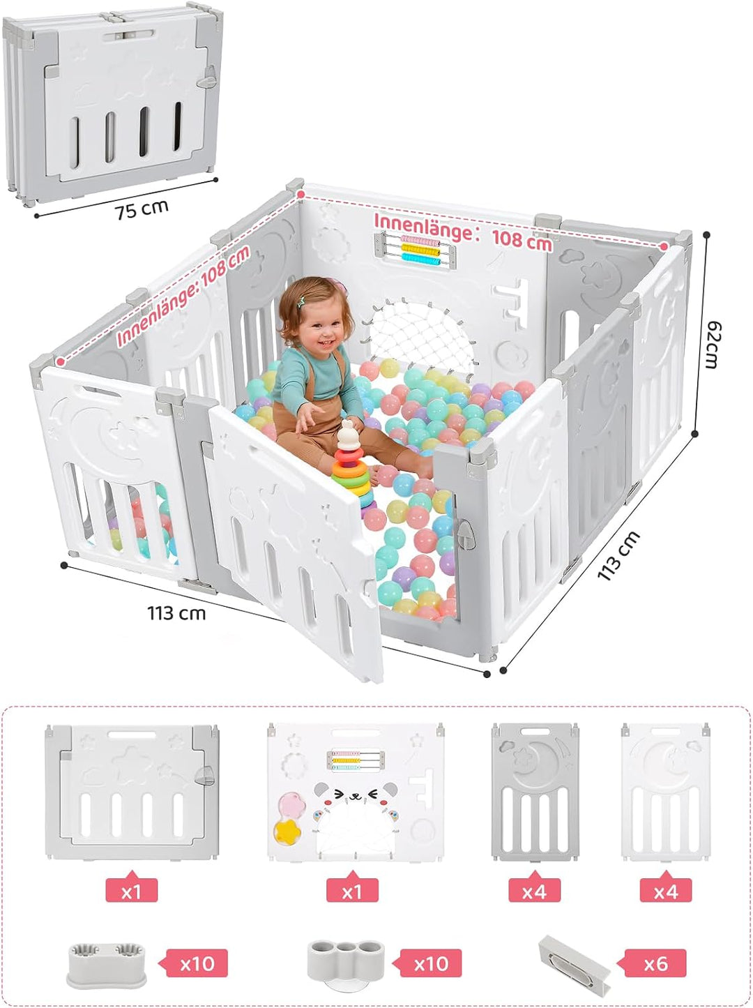 Dripex Laufgitter Baby Laufstall Faltbar mit Verbesserten Schrauben Rutschfeste Saugnäpfe Kunststoff