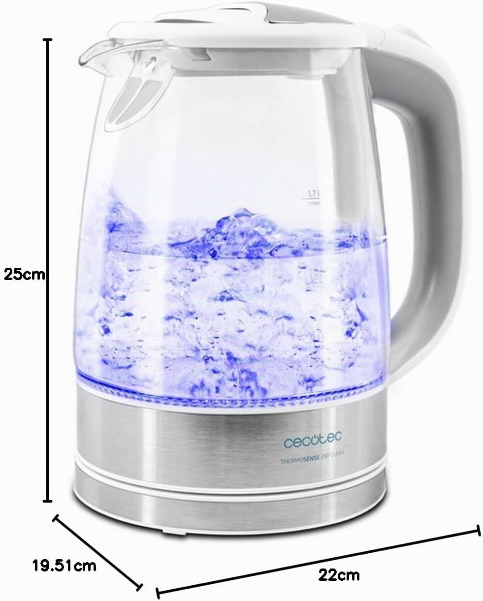 Cecotec Elektrischer Wasserkocher ThermoSense, 1,7 L, Borosilikatglas, BPA-frei, Antikalkfilter, dop