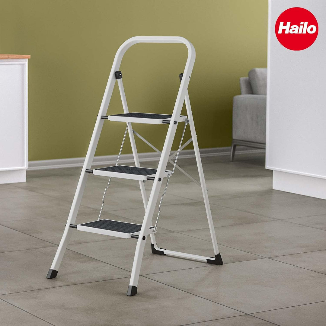 Hailo HobbyStep Stahl-Klapptritt-Leiter - 3 breite Stahl-Stufen mit Anti-Rutsch-Matten belastbar bis