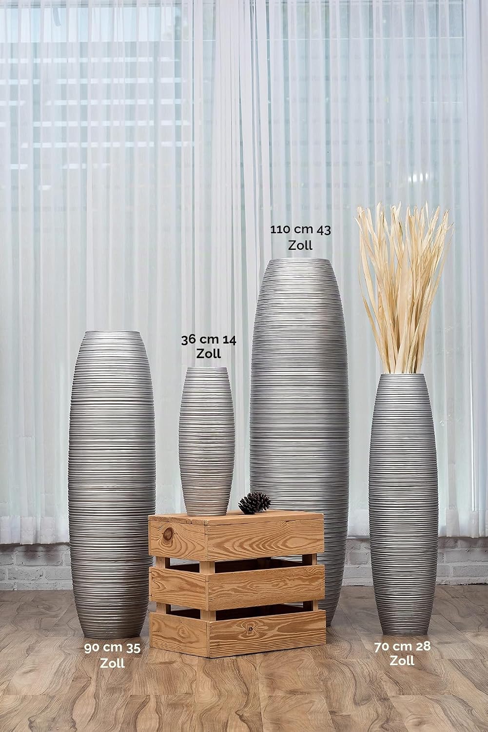 Leewadee Grosse Bodenvase für Dekozweige hohe Standvase Design Holzvase, Holz, 70 cm, Silber 70 cm S