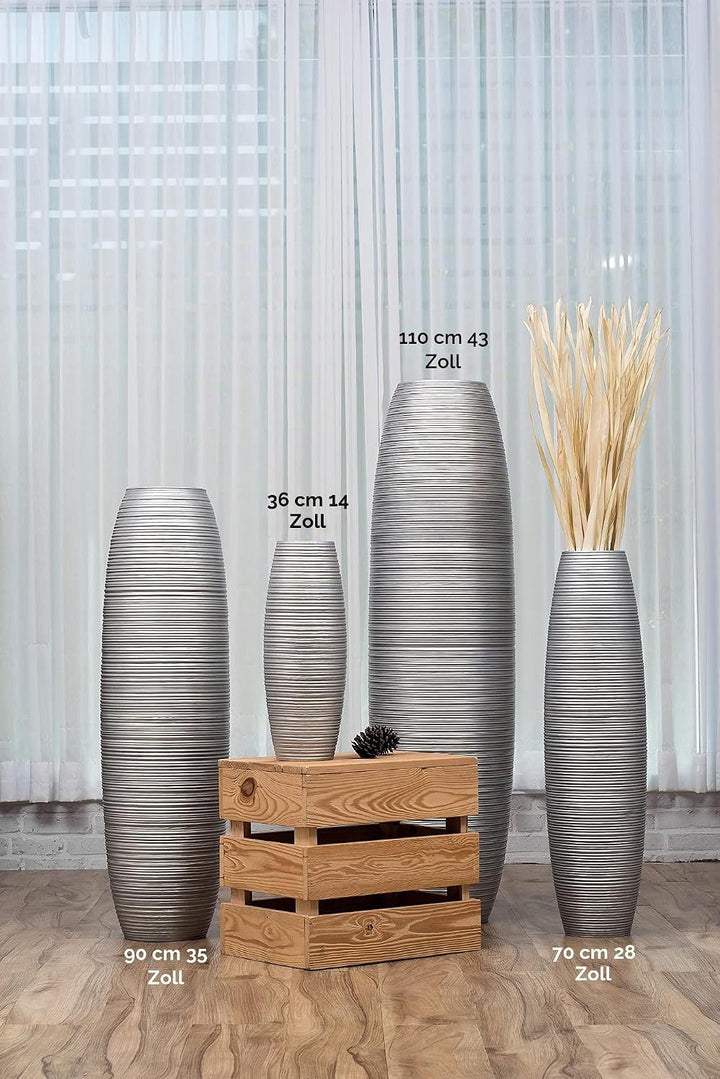 Leewadee Grosse Bodenvase für Dekozweige hohe Standvase Design Holzvase, Holz, 70 cm, Silber 70 cm S