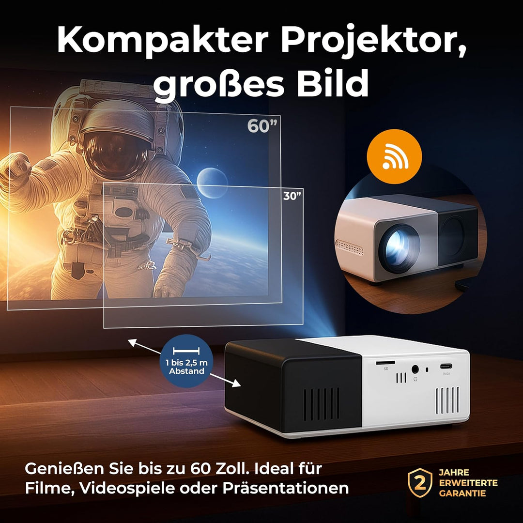 DENVER PR-1000 Mini Beamer, Unterstützt Full HD 1080p, Tragbarer LED Projektor mit HDMI, USB-C & Mic