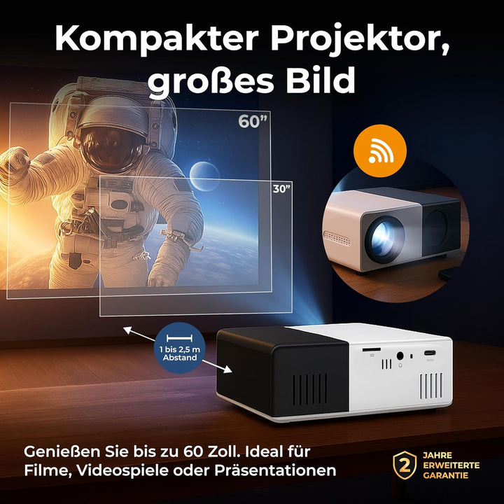 DENVER PR-1000 Mini Beamer, Unterstützt Full HD 1080p, Tragbarer LED Projektor mit HDMI, USB-C & Mic