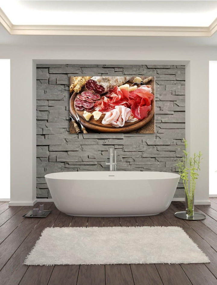 Brotzeit mit Wurst Format: 100x70 auf Leinwand, XXL riesige Bilder fertig gerahmt mit Keilrahmen, Ku