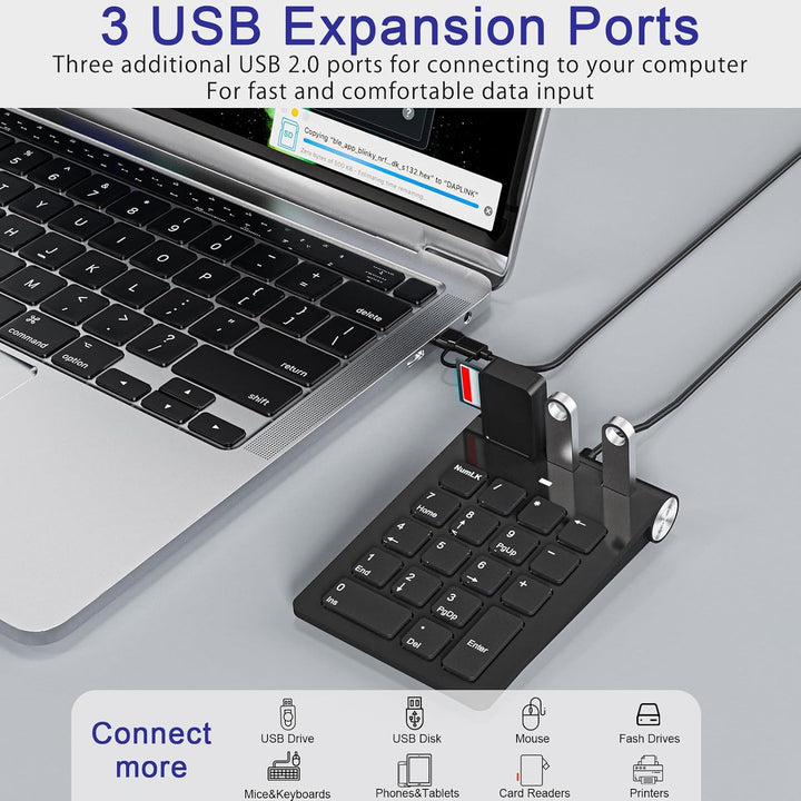 USB C & USBA Numpad Wired – Nummernblock mit 3 USB 2.0 Hub, 18-Tasten Ziffernblock für Laptop/Deskto