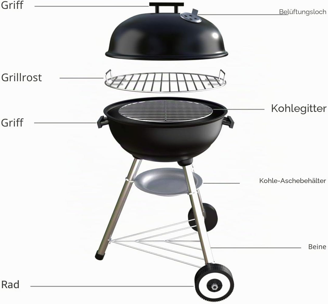 SunJas Holzkohlegrill, tragbar, rund, Deckel, Doppelräder, Grill auf Standfuss, φ 41 cm, Höhe 70 cm,