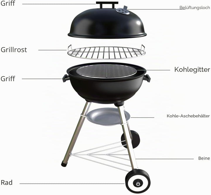 SunJas Holzkohlegrill, tragbar, rund, Deckel, Doppelräder, Grill auf Standfuss, φ 41 cm, Höhe 70 cm,