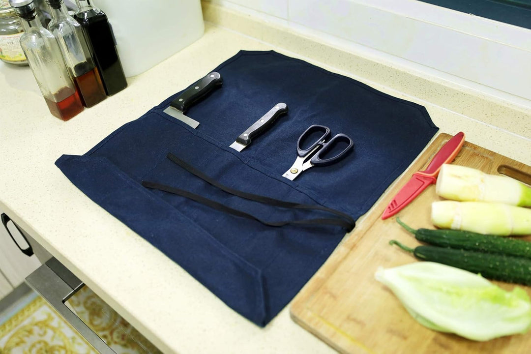Denifiter strapazierfähiges gewachstes Segletuch, Messer-Rolltasche mit 7 Taschen, blau, Blau
