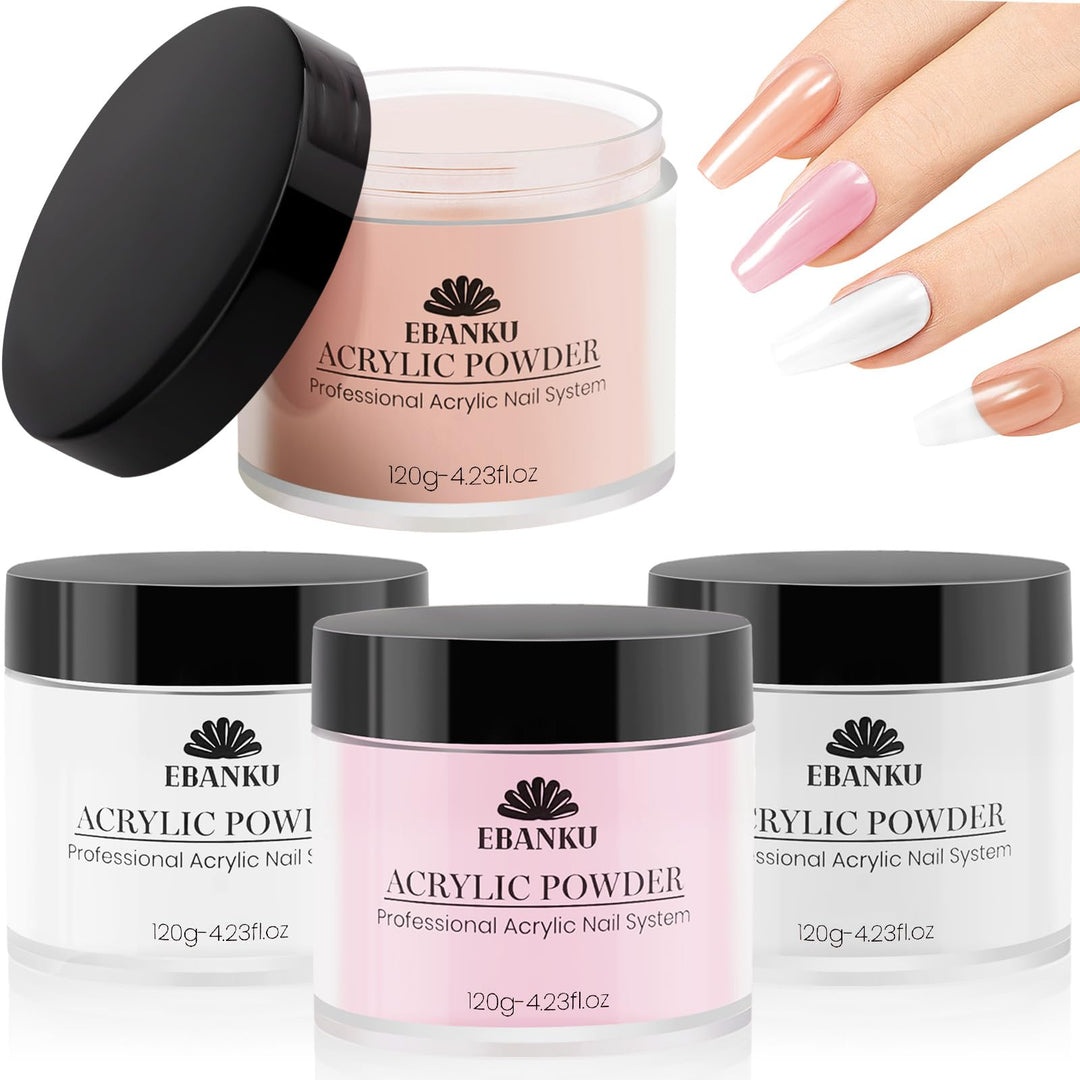 EBANKU Acrylpulver Set 480G, 4 Farben Acrylnagelpulver Professionelles Acrylpulver für Nagelacrylver