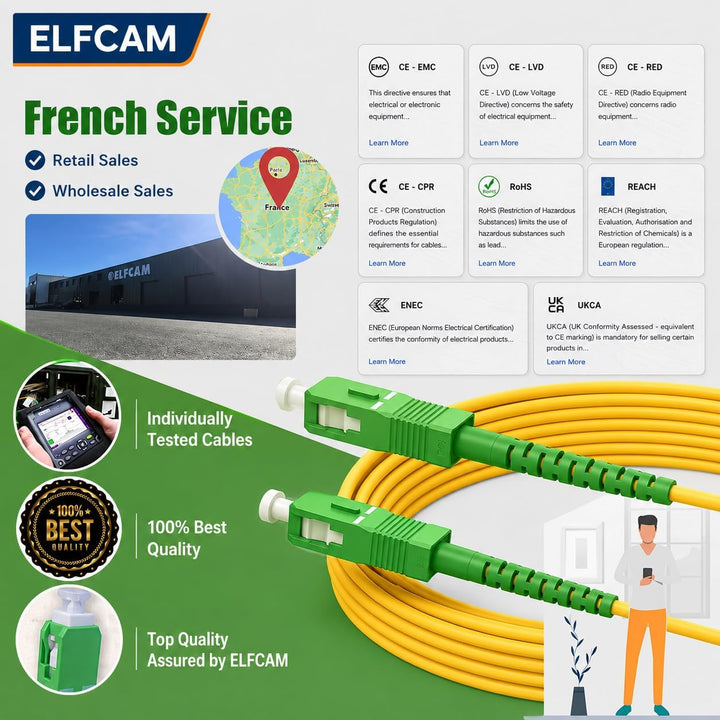 Elfcam® - 100m Glasfaserkabel SC/APC auf SC/APC Simplex Singlemode 9/125, Kompatibel mit Glasfaser b