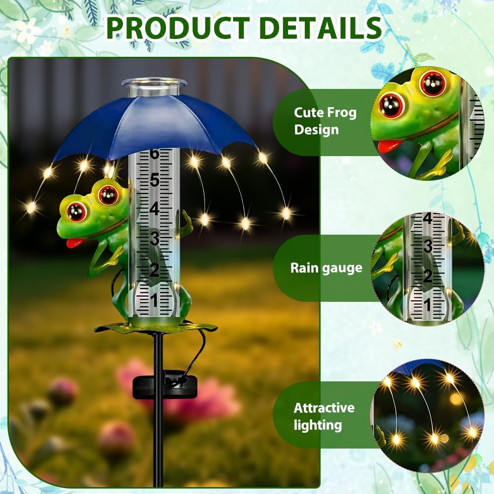 7-Zoll Regenmesser, Niederschlagsmesser mit Erdspiess und Solar-LED-Leuchten, Frosch Regenmesser Fro