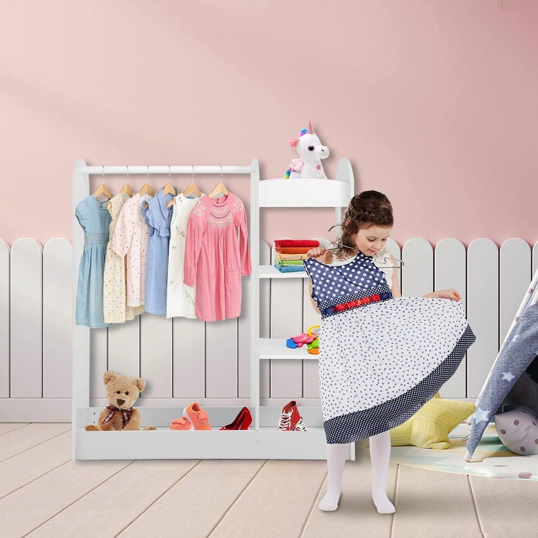 GOPLUS Kindergarderobe mit Spiegel, Kleiderständer mit 4 offenen Regalen & Kleiderstange, Garderobe