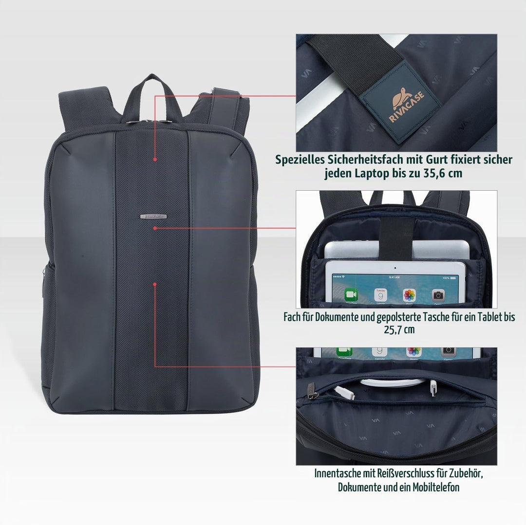 RIVACASE leichter Laptop Rucksack bis 14 Zoll – Stadtrucksack aus Polyester und Kunstleder mit extra