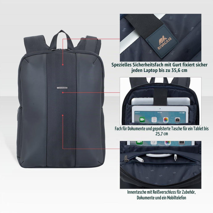 RIVACASE leichter Laptop Rucksack bis 14 Zoll – Stadtrucksack aus Polyester und Kunstleder mit extra