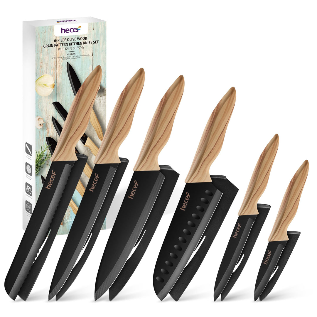hecef Messerblock Set 6 Teilig, Edelstahl Küchenmesser mit Universalblock, Chefmesser & Santoku, Ext