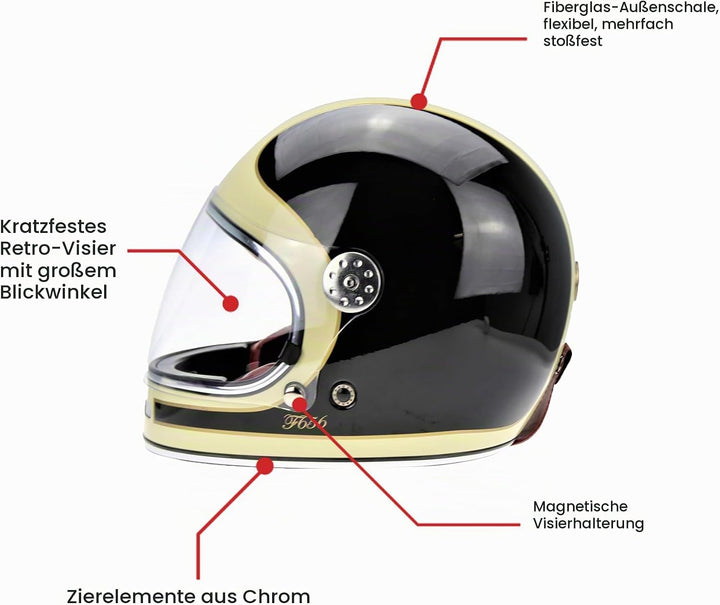F656 Vintage Retro Full Face Motorcycle Helmets - Fibreglass Motorbike Helmets ECE Approved Crash He