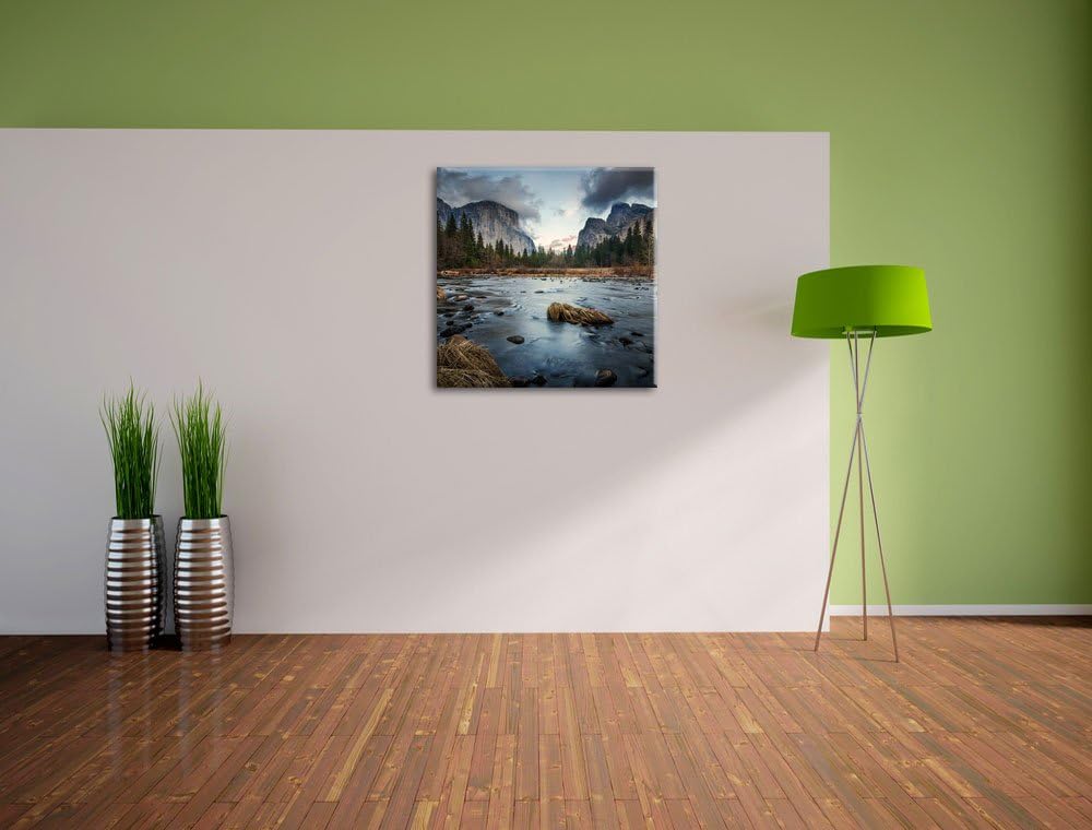 Seichter Fluss im Herbst, Format: 70x70 auf Leinwand, XXL riesige Bilder fertig gerahmt mit Keilrahm