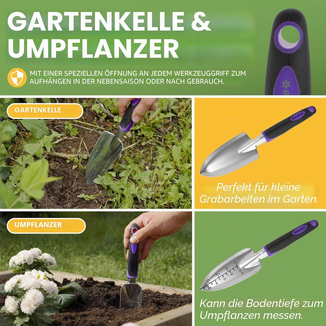 BLOSTM Gartenwerkzeug-Set, 11-teilig, robustes Gartengeräte-Set mit wasserdichter Tragetasche, rostf