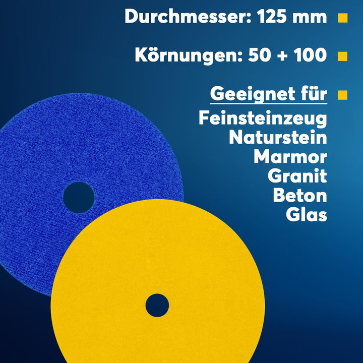 Diamant-Schleifpad Set trocken von EDW 125mm Körnung 50 100 Klettaufnahme für Naturstein Granit Fein
