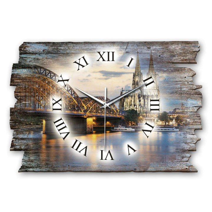 Kreative Feder Köln Skyline Landhaus Shabby Designer Wanduhr Funkuhr aus Holz *Made in Germany leise