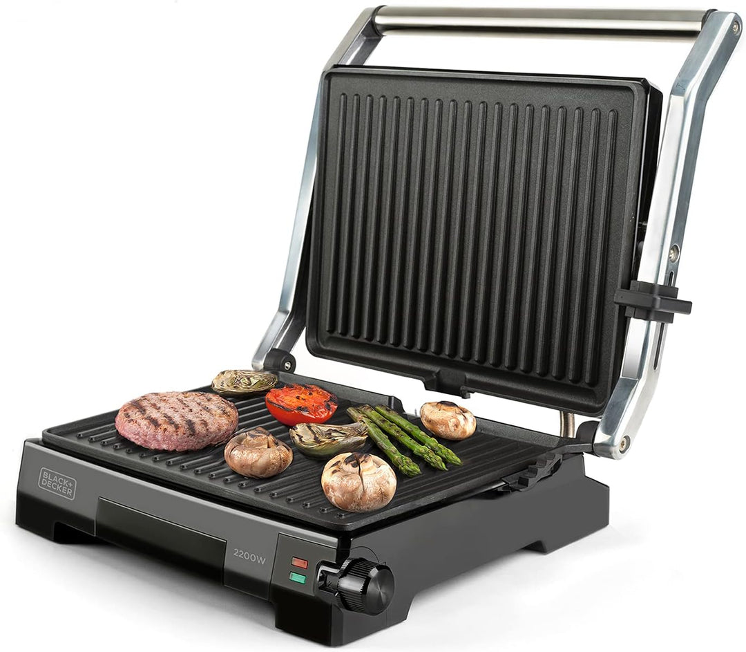 Black+Decker BXGR2200E -2-in-1: glatte Platten und Grill, Zubreiten von Fleisch, Fisch, Gemüse, 180º