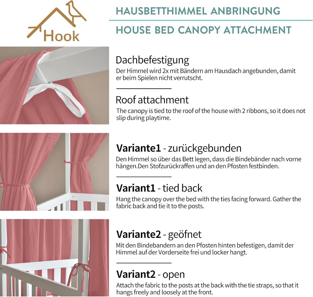 Hook Hausbett Himmel Deko Set, Betthimmel Hausbett aus Musselin - 2 Betthimmel &amp; 1 Wimpelkette, für
