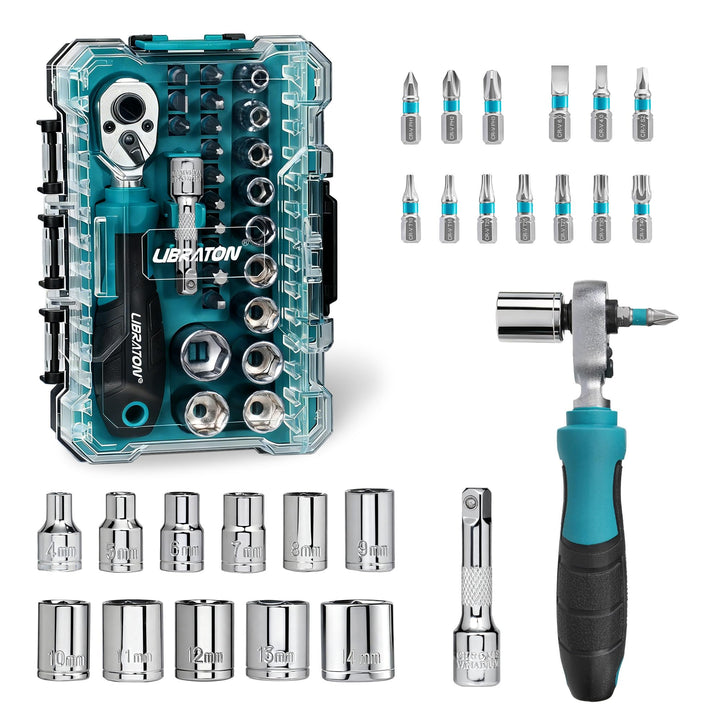 LIBRATON 26-tlg. 1/4 Zoll Ratschenkasten Mini Steckschlüsselsatz mit Bits, 4-14mm Stecknuss, Antrieb