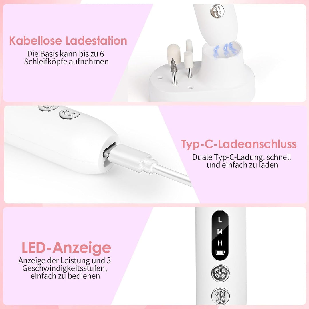 Kabellos Tragbar Nagelfräser 12 in 1 Profi Maniküre Pediküreset, Elektrische Nagelfeile 18000 u/Min