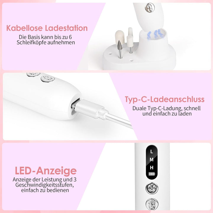 Kabellos Tragbar Nagelfräser 12 in 1 Profi Maniküre Pediküreset, Elektrische Nagelfeile 18000 u/Min