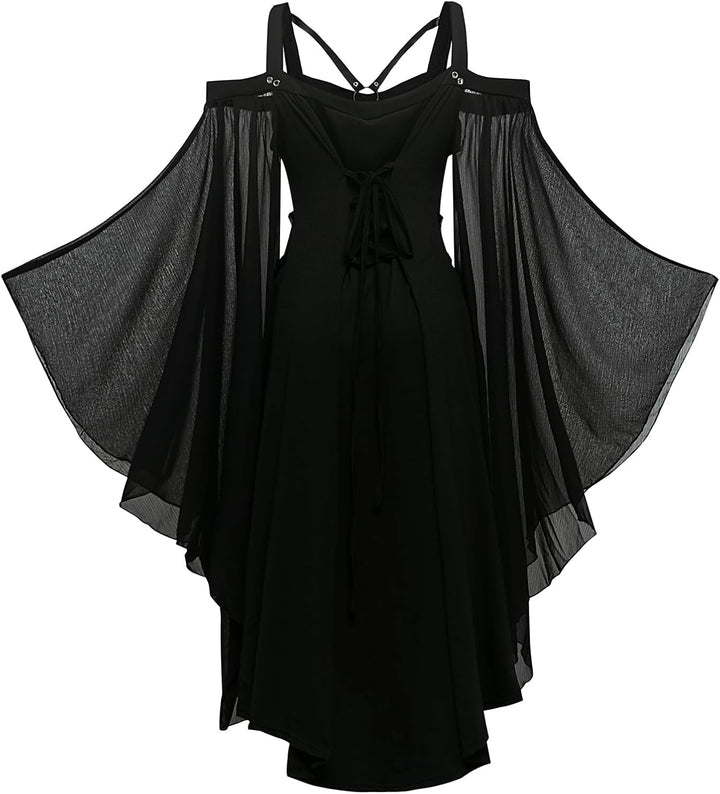 CNVAUIE Renaissance Kostüm Frauen Mittelalterliches Kleid mit Trompetenärmel Gotisch Maxikleid Karne