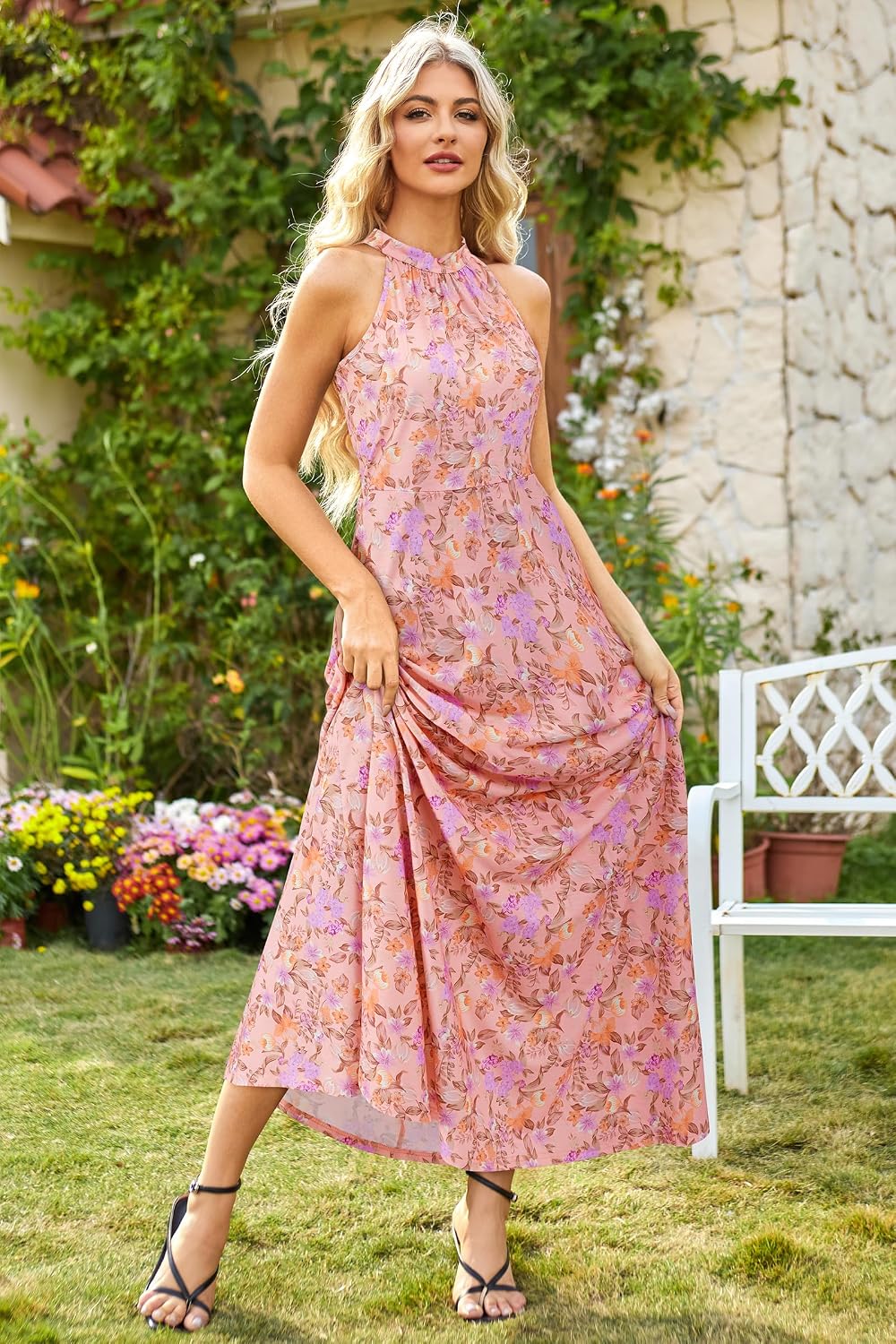 STYLEWORD Damen Neckholder Elegant Sommerkleid Ärmellos Blumenkleid Maxikleid Lange Strandkleid, L F