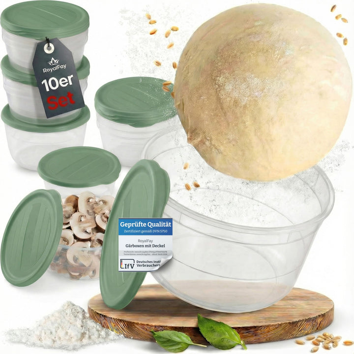 Pizzaballenbox Piccolo 10er Set – Gärboxen mit Deckel Farbe softgreen – lebensmittelechte Mealprepbo