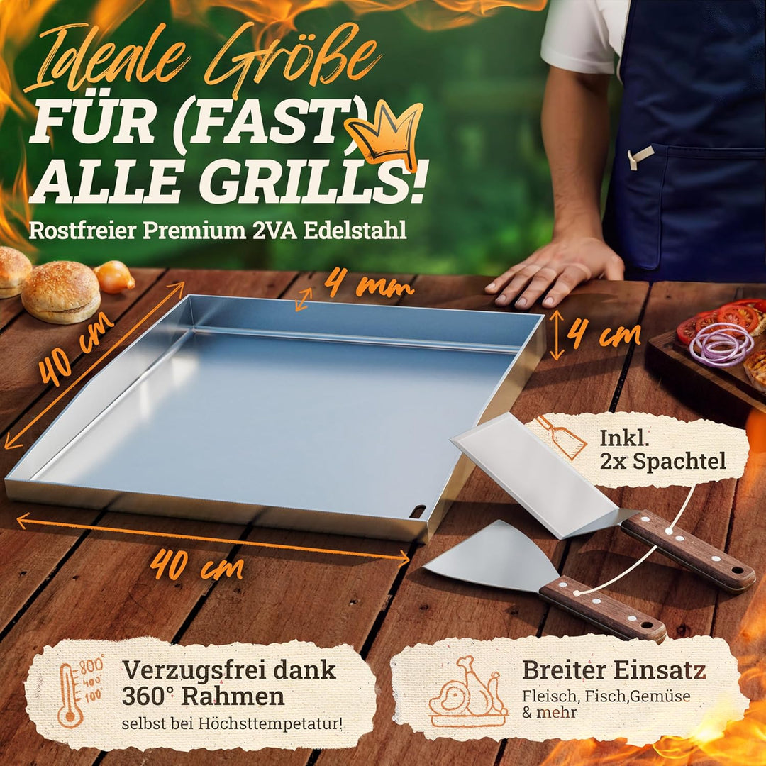 LIKAYA [BUNDLE] Plancha Edelstahl Grillplatte [40x40cm] + Burger-Smasher Set – 4x Grillspachtel &amp; Bu