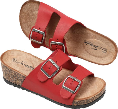 JOMIX Sommer Pantoletten Damen Clogs Leder Keilabsatz Sandalen Bequeme Kork Fussbett Meer Pool Stran