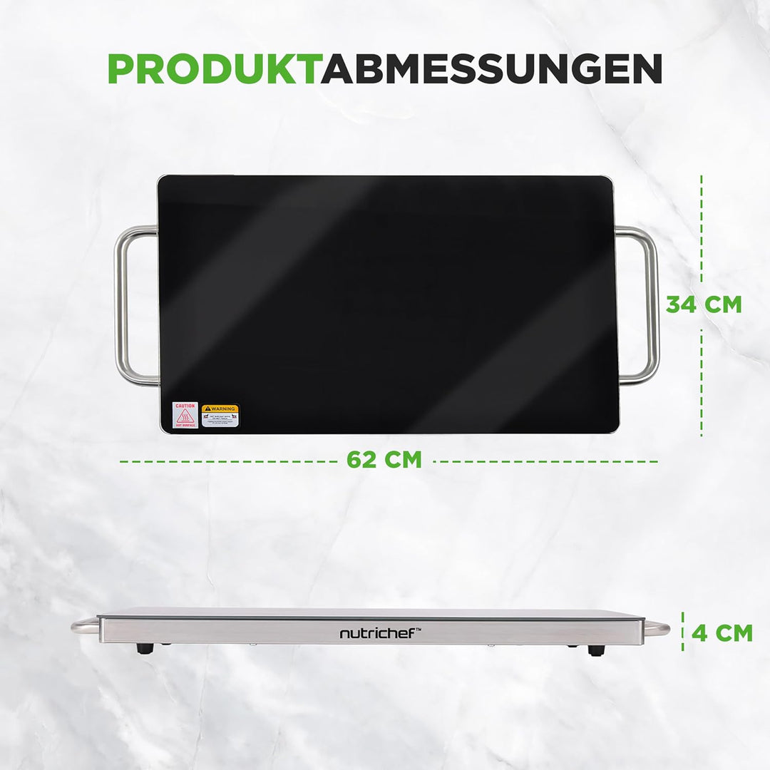 NutriChef Warmhalteplatte Elektrisch – 50,8 x 30,5 cm Glas-Kochplatte mit Griffen für Speisen, Für B