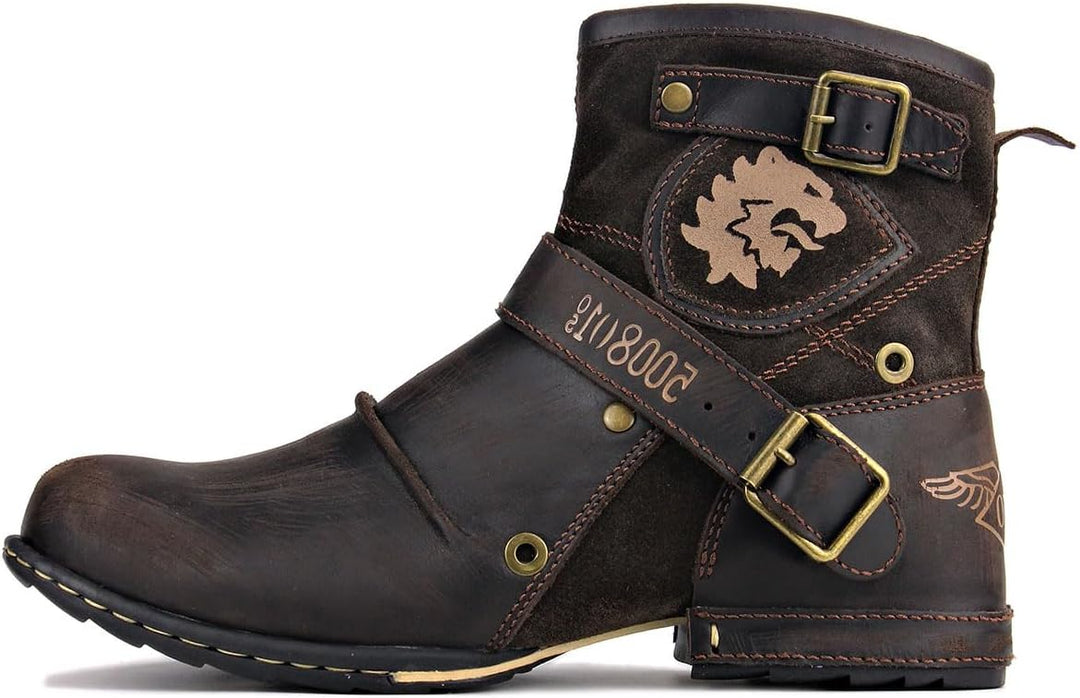 OSSTONE Herren Leder chukkastiefel Worker Biker Boots-Motorrad-Leder-Schuhe für reissverschluss Schn