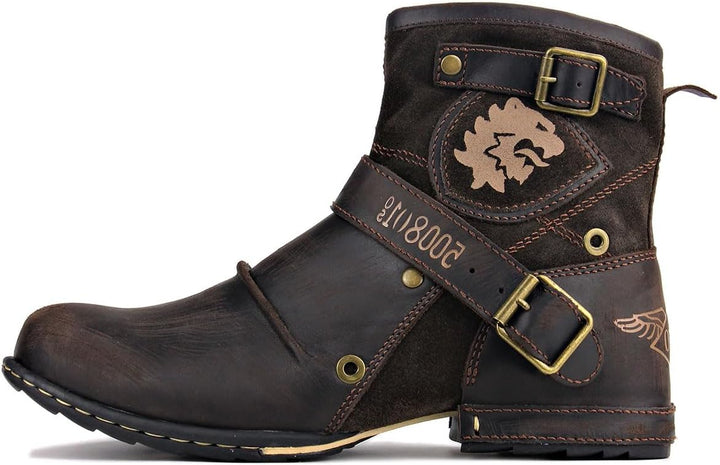 OSSTONE Herren Leder chukkastiefel Worker Biker Boots-Motorrad-Leder-Schuhe für reissverschluss Schn