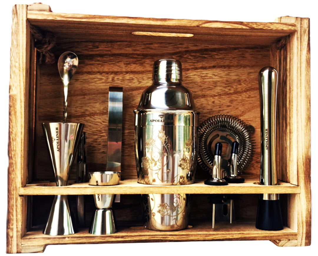 apolliner, Cocktailshaker, Professional Cocktail Shaker Set, Stainless Steel, 16 Pieces, Wooden Carr