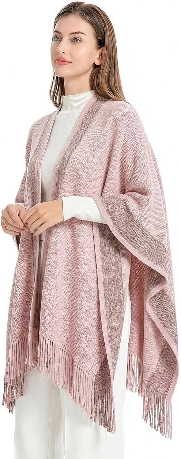 ZLYC Damen Weiche Schlichte Poncho Capes Retro Cardigans Pullover Rose, Rose
