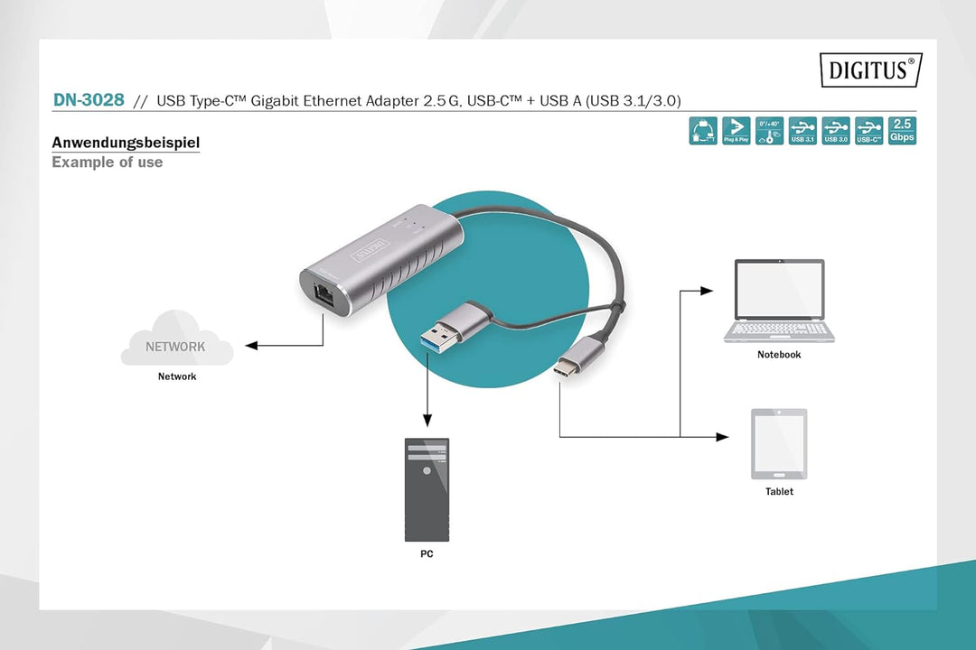 DIGITUS DN-3028 USB Type-C™ Gigabit Ethernet Adapter 2.5G, USB-C™ + USB A (USB3.1/3.0)