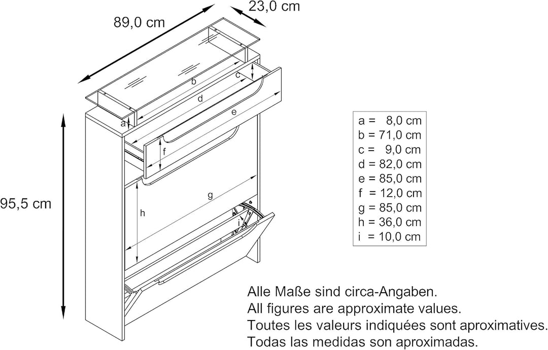 Vladon Schuhschrank Annie, Schuhkipper für 16 Paar Schuhe mit 2 Klappen, 1 Schublade und Glasablage,
