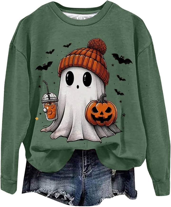 Halloween Kostüm Damen, Halloween Pullover Damen Süss Geister Drucken Festival Sweatshirt Ohne Kapuz