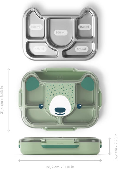 monbento - Kinder Lunchbox Wonder grün Bear - Brotdose Kinder mit Fächern - Edelstahl-Esstablett mit