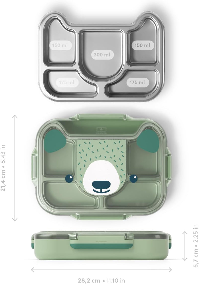 monbento - Kinder Lunchbox Wonder grün Bear - Brotdose Kinder mit Fächern - Edelstahl-Esstablett mit