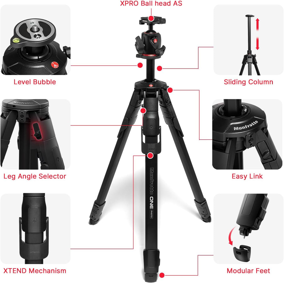 Manfrotto ONE Photo, Aluminium‑Stativ‑Kit mit XPRO Kugelkopf Arca‑Swiss, 12 kg Tragkraft, 90° Horizo