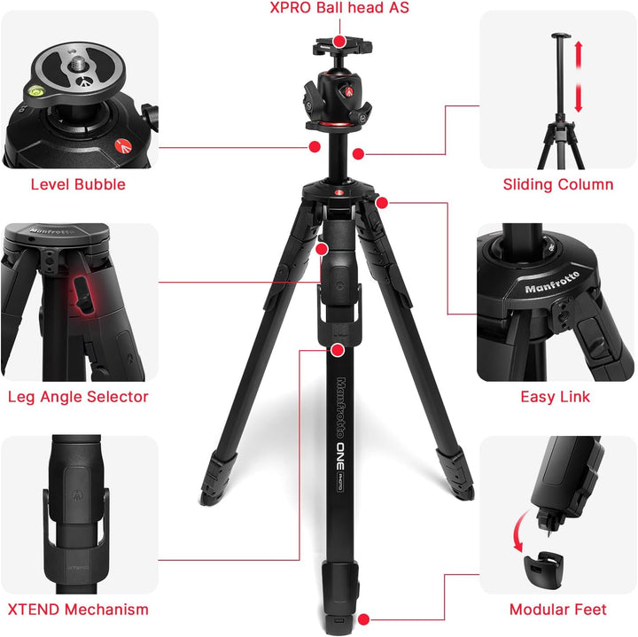 Manfrotto ONE Photo, Aluminium‑Stativ‑Kit mit XPRO Kugelkopf Arca‑Swiss, 12 kg Tragkraft, 90° Horizo