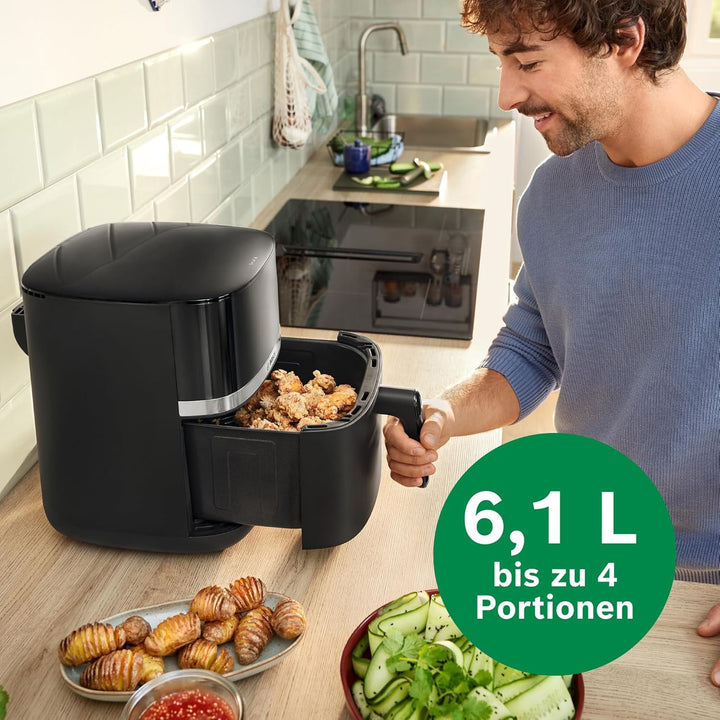 Bosch Heissluftfritteuse Serie 4, XL Air Fryer, schwarz, 6,1 L Fassungsvermögen, 7 Voreinstellungen,
